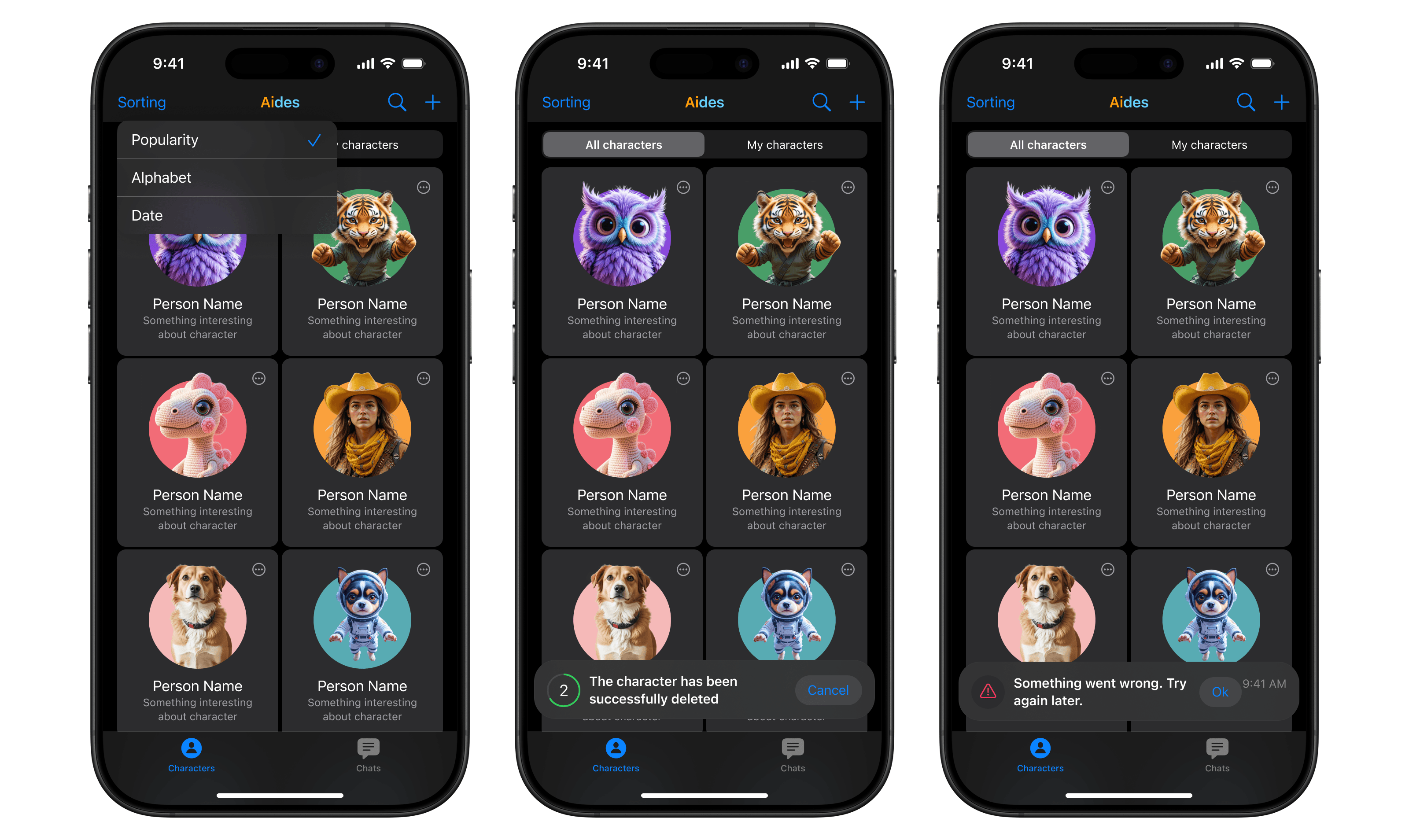 [fig 5] Context menu and notification. Dark mode