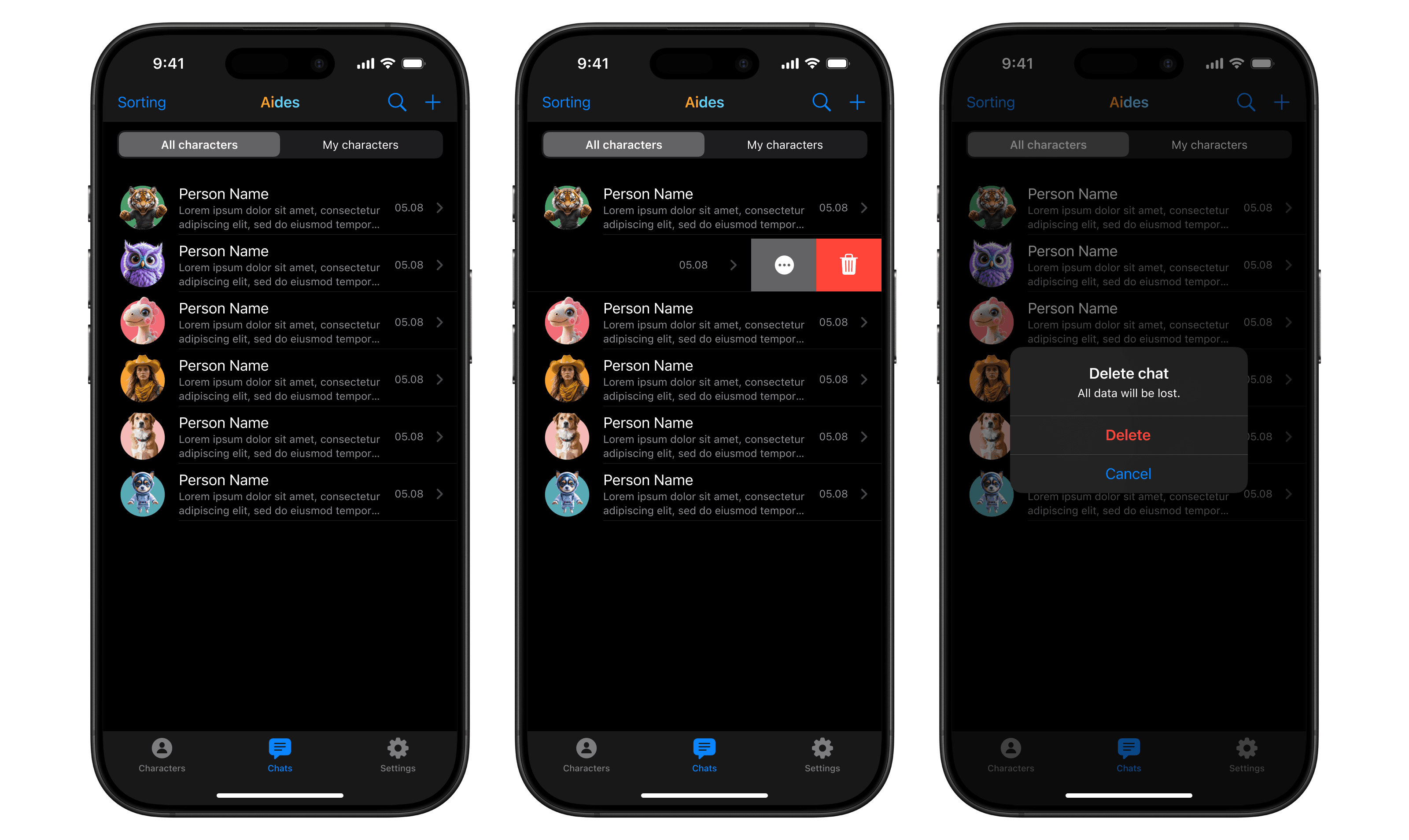 [fig 9] Chats list. Dark mode