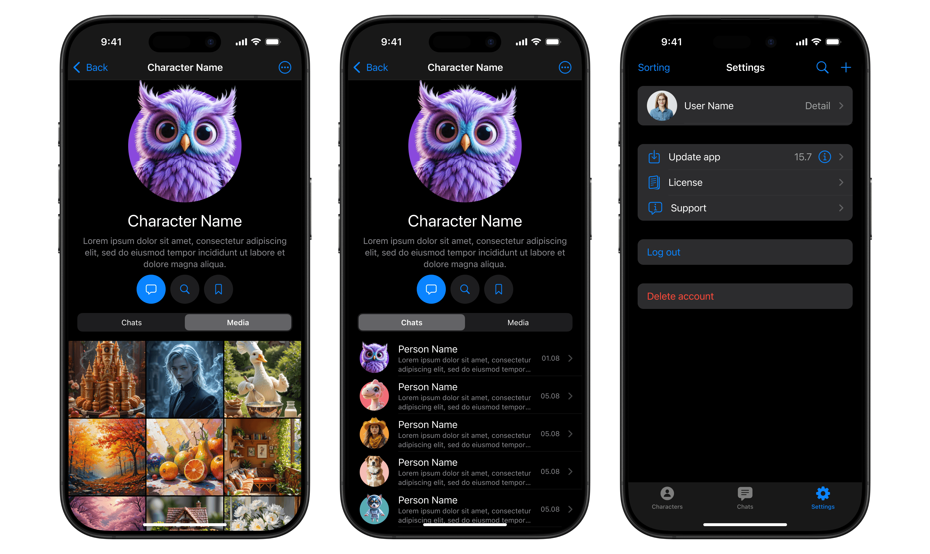 [fig 7] Character page and user profile. Dark mode